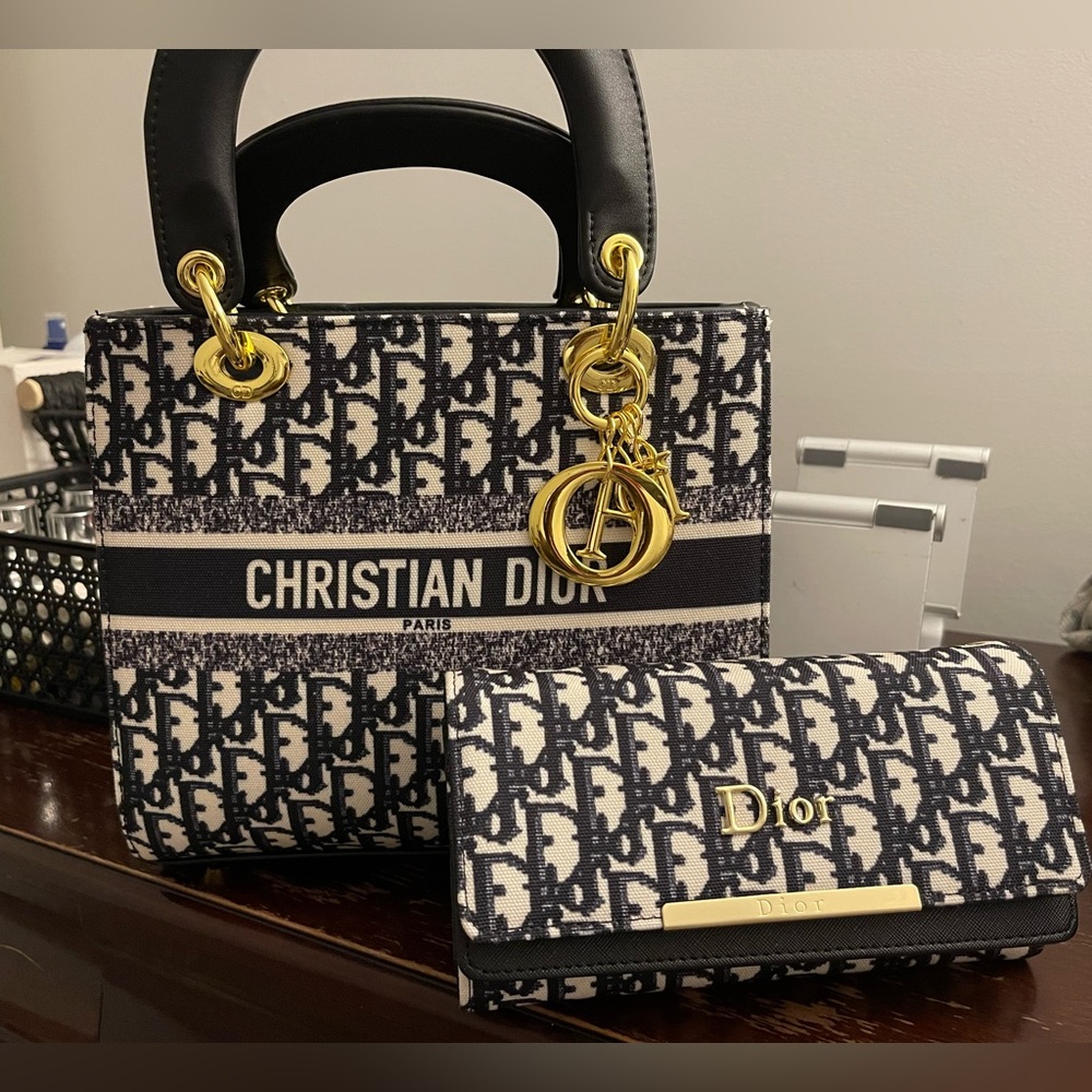 Dior Navy and White Oblique Canvas Lady Dior Satchel with Matching Wallet